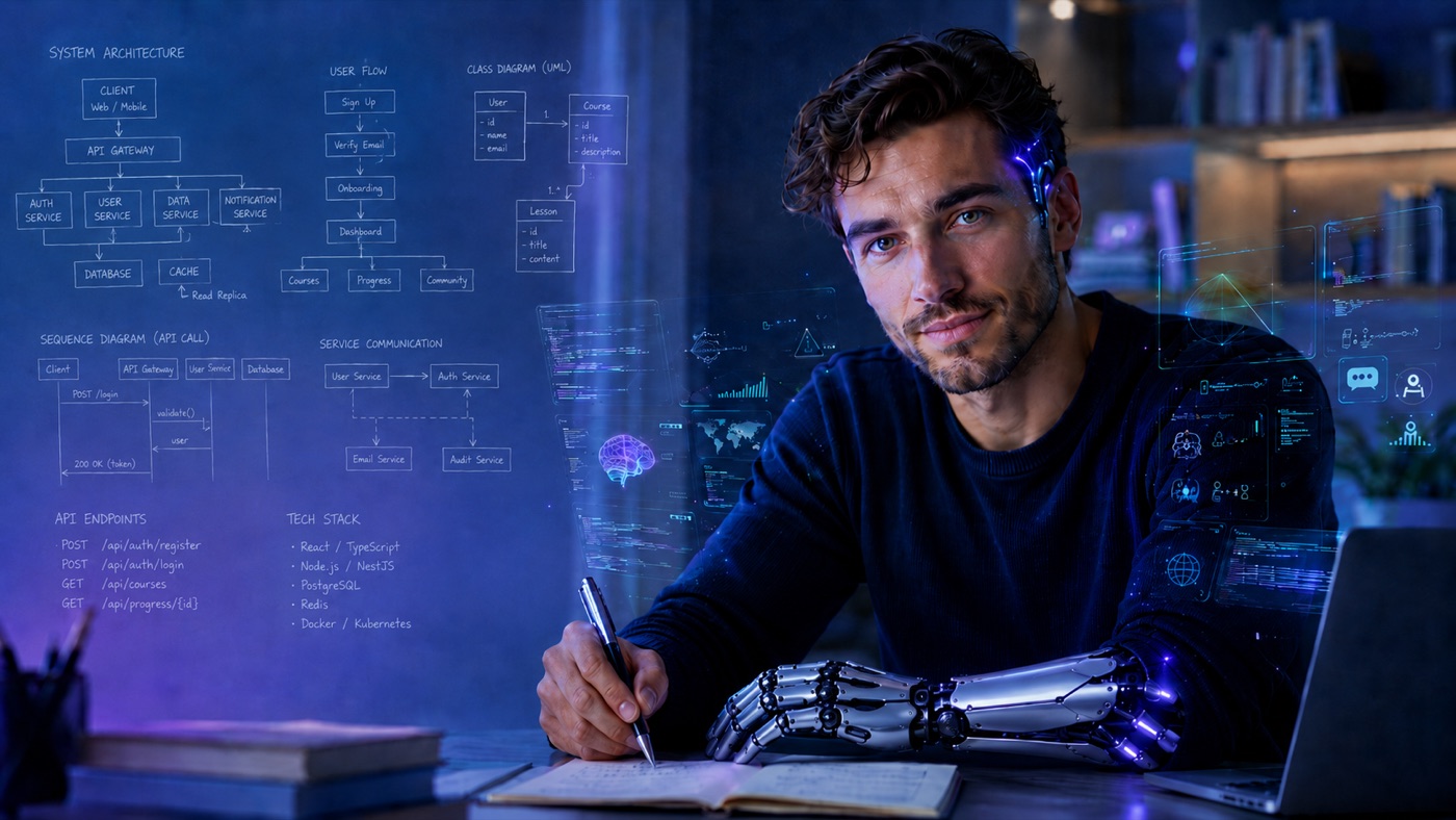 A developer sketching in a notebook with a robotic hand, surrounded by holographic software-architecture diagrams.